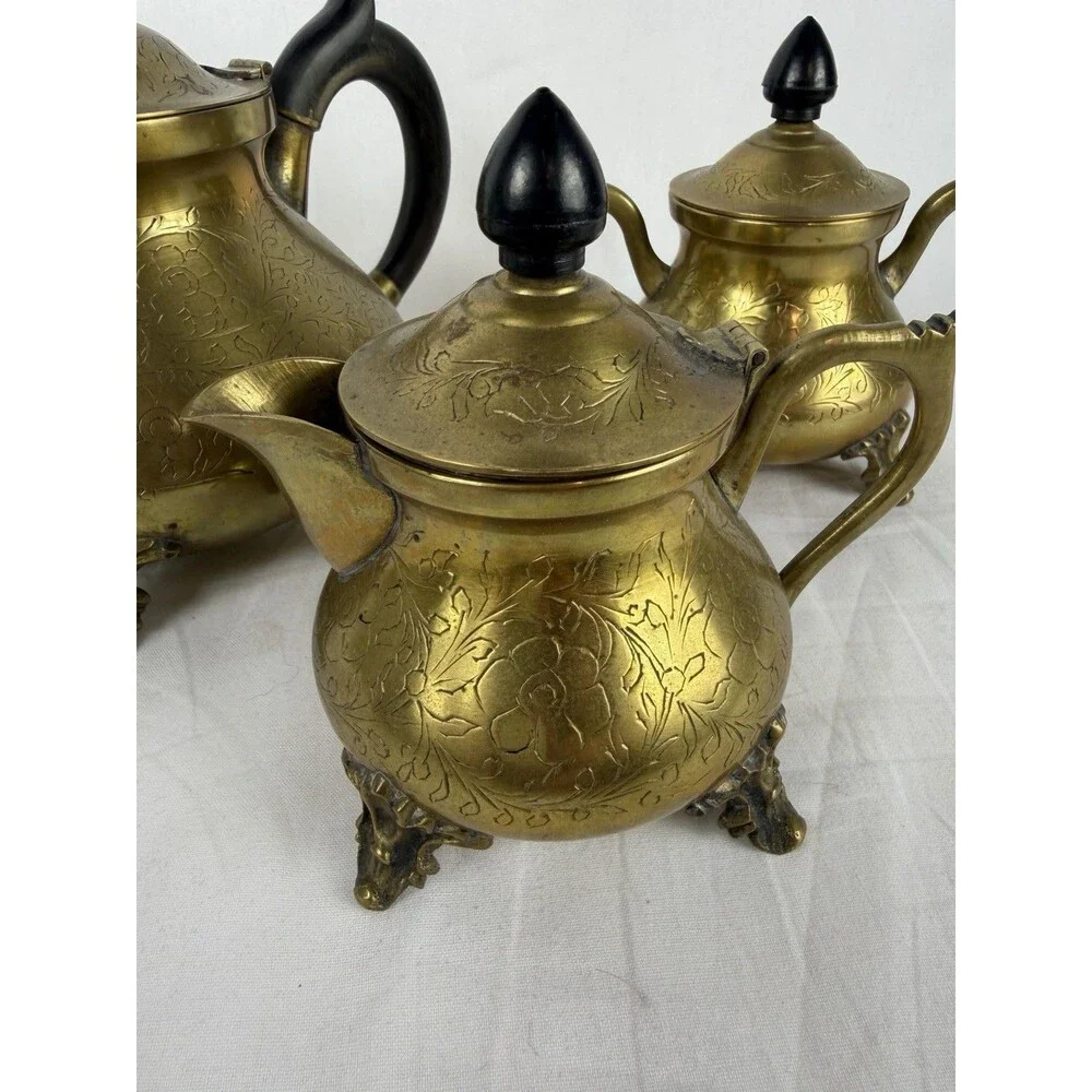 Vintage Brass Tea Set Teapot Creamer Sugar Bowl Detailed Floral Etching